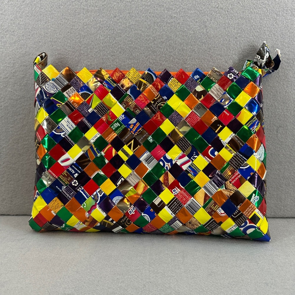Woven Candy Wrapper Clutch‎ Unique Handmade Colorful Zip Bag Unbranded Used